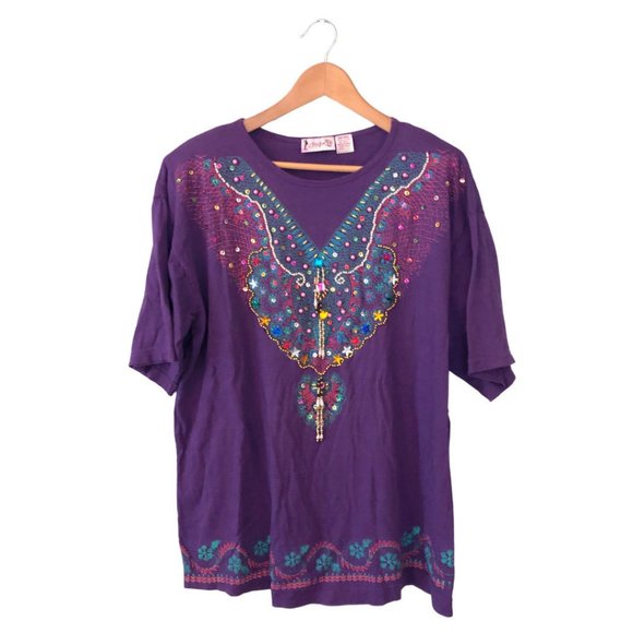 Vintage Tops - Vintage 1990's 1980's Purple Top with Bedazzled Short Sleeve Shirt Gems Jewels